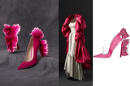 Zapatos y boceto creados para la exposición por Martinelli y Ángeles Espinar. Entre ellos, diseño de 1962 de Cristóbal Balenciaga, conjunto de noche de vestido en gazar de seda color marfil y abrigo-capa en color frambuesa de la Col·lecció Antoni de Montpalau.