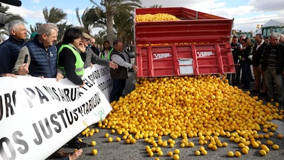 Agricultores vuelcan un camión de limones este viernes durante una protesta en el polígono de San Isidro, en Alicante.