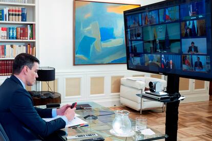 Pedro Sánchez, en la videoconferencia del pasado consejo europeo