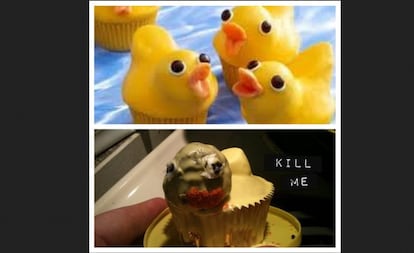 EL PATITO FEO. Cuando te pones a hacer unos cupcakes con forma de patito, nadie te avisa de que puedes acabar engendrando una criatura infernal. ¿Qué ocurrió para que el simpático animalito de goma deviniera en cruce de serpiente y orco? Quizá el repostero aficionado cometió el error de poner la cobertura cuando la magdalena estaba caliente, cuando siempre hay que dejarla enfriar.