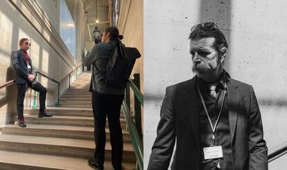 A la izquierda, David Fritz Goeppinger sacando un retrato al líder de la banda Eagles Of Death Metal, Jesse Hughes a l interior del Palacio de Justicia de París. A la derecha, la fotografía de Hughes de David Fritz Goeppinger.