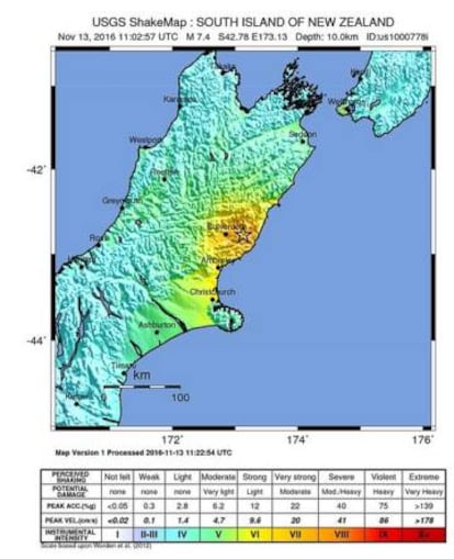 Mapa de la zona afectada pel terratrèmol distribuït pel Servei geològic dels Estats Units.