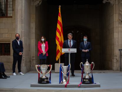 El presidente del Barcelona, Joan Laporta, en el reconocimiento de la Generalitat al equipo femenino azulgrana, tras ganar la Liga, la Copa y la Champions.