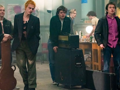 Los protagonistas de la serie 'Pistol'. De izquierda a derecha: Jacob Slater (que interpreta a Paul Cook), Anson Boon (Johnny Rotten), Toby Wallace (Steve Jones) y Christian Lees (Glen Matlock).