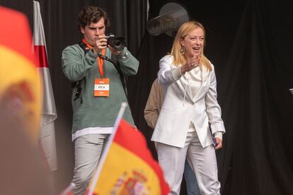 La política italiana Giorgia Meloni, en un acto de Vox el domingo pasado en Madrid.