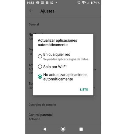 Desde este menú se pueden detener las actualizaciones automáticas de apps