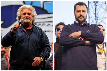 A la izquierda el líder del Movimiento Cinco Estrellas Beppe Grillo durante un acto de final de campaña en la Pieazza del Popolo de Roma. A la derecha: El representante de la formación Northen League, Matteo Salviani.