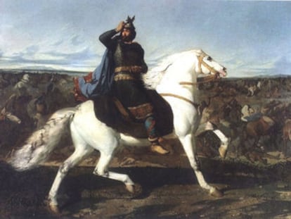 'Don Rodrigo cabalgando a lomos de un caballo blanco en la batalla del Guadalete' (1858), óleo de Marcelino de Unceta y López.