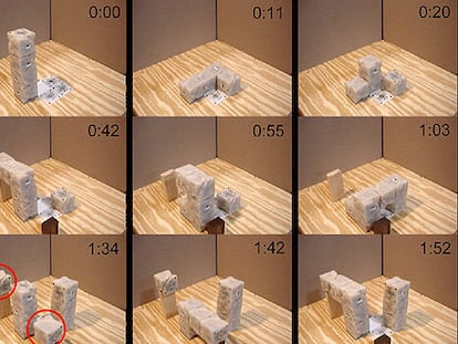 Secuencia de reproducción de los robots modulares cúbicos replicantes, que se inicia con un robot de cuatro módulos.