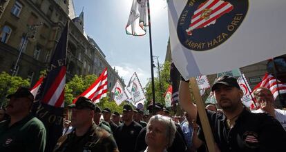 Seguidores del partido Jobbik protestan contra la celebración del Congreso Mundial Judío en Budapest, en mayo pasado.