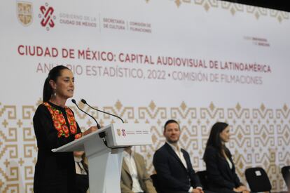 Claudia Sheinbaum durante la presentación del Anuario Estadístico 2022 de la Comisión de Filmaciones de Ciudad de México.