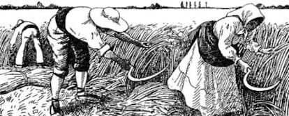 Una ilustración de Opisso de 1938 retrata los quehaceres de los labradores en época de siega.