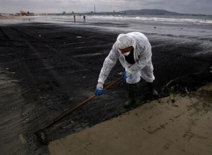 Trabajos de limpieza en una playa cercana a Algeciras