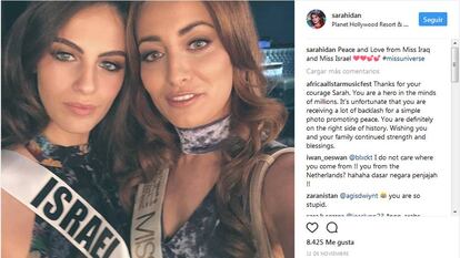 A selfie da Miss Iraque e da Miss Israel, no Instagram.