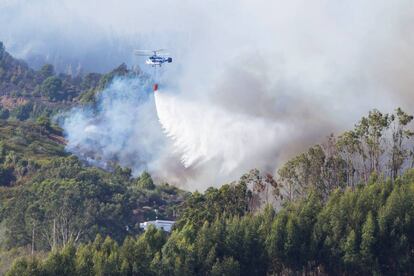 Un helicóptero transporta agua para combatir un incendio forestal en el pueblo de Guia, en la isla de Gran Canaria.