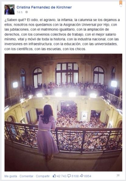 El mensaje de Cristina Fernández en Facebook.