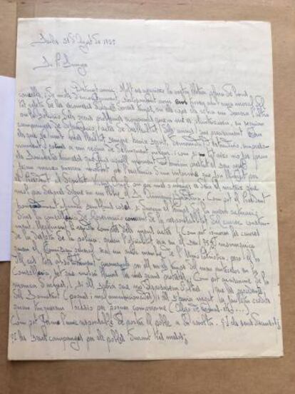 Carta de Josep Dencàs a Carles Pi i Sunyer, de 1935, on es queixa de l’actitud de Lluís Companys davant els Fets d’Octubre.