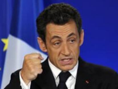 Nicolas Sarkozy, esta mañana durante el acto de felicitación del nuevo año a los empresarios frances.