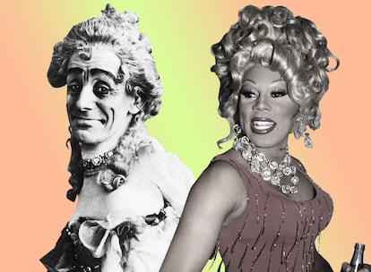 A la izquierda, un actor da vida a una mujer en una pantomima británica de principios del siglo XX. A la derecha, RuPaul, la 'drag' más famosa del mundo en la actualidad.