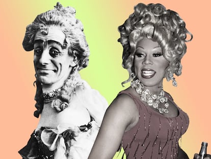 On the left, a male actor portrays a woman on a British stage in the early-20th century. On the right is RuPaul, who, today, is the most famous drag queen in the world.