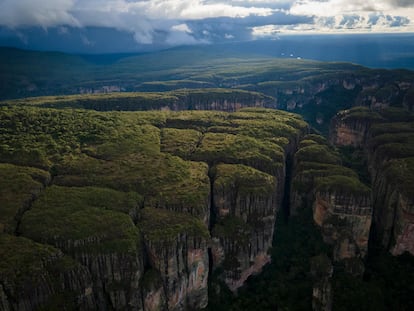 Vista aérea de la Serranía de Chiribiquete, meseta rocosa en la región de la Amazonía colombiana.