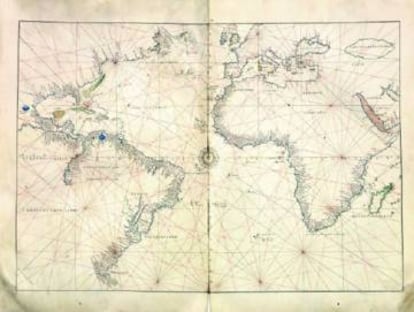 El atlas mundial de Battista Agnese (G&eacute;nova, h. 1500-1564) hecho en Venecia hacia 1550, son 14 cartas na&uacute;ticas manuscritas iluminadas sobre pergamino de 42x56 cent&iacute;metros.
 