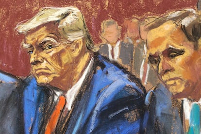 Dibujo de la artista de bocetos judiciales de Reuters, Jane Rosenberg, de la comparecencia de Trump de este martes.