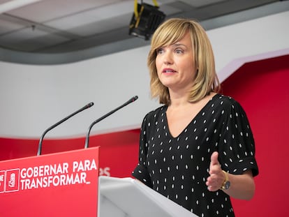 La ministra de Educación y Formación Profesional, Pilar Alegría, este martes en la sede nacional del PSOE.