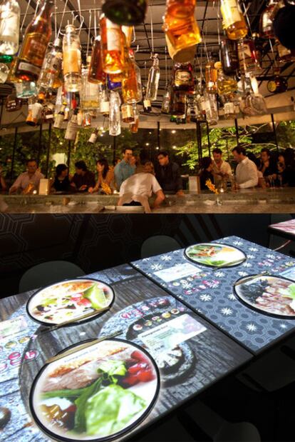 Tippling Club, restaurante coctelería de Singapur. Abajo, mesas interactivas que utilizan el sistema Inamo.
