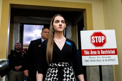 Montana State Representative Zooey Zephyr leaves the House chamber after a motion to bar her passed, at the Montana State Capitol in Helena, Montana, U.S. April 26, 2023.