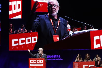 El secretario general de CC OO, Unai Sordo, interviene durante el 13º Congreso Confederal de CCOO, en Madrid este jueves.