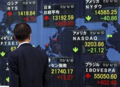 Un peatón se detiene ante una pantalla con los resultados de la Bolsa de Tokio.