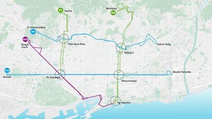 Mapa de las cinco primeras líneas de la nueva red de autobuses de Barcelona.