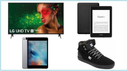 De izquierda a derecha y de arriba a abajo: televisor UHD 4K LG, Kindle Paperwhite reacondicionado, Apple iPad Mini 4 128GB WiFi + 4G y zapatillas DC Shoes Crisis WNT.