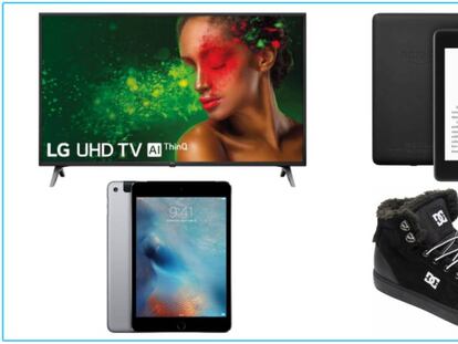 De izquierda a derecha y de arriba a abajo: televisor UHD 4K LG, Kindle Paperwhite reacondicionado, Apple iPad Mini 4 128GB WiFi + 4G y zapatillas DC Shoes Crisis WNT.