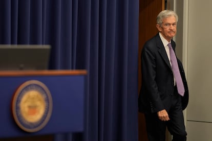 El presidente de la Reserva Federal, Jerome Powell, al llegar a la rueda de prensa posterior a la reunión de política monetaria de este jueves.