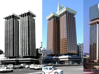 De izquierda a derecha, las Torres Colón como las proyectó Antonio Lamela en los setenta, el aspecto actual del edificio con el ínclito 'enchufe' art déco, y el diseño de Luis Vidal para la ampliación que ya se está llevando a cabo. |