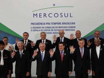 Os participantes da reuni&atilde;o do Mercosul, nesta quinta-feira, em Bras&iacute;lia.