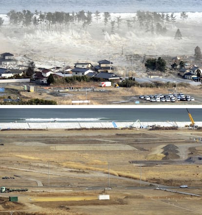 Momento en que una de las enormes olas provocadas por el tsunami golpeó una zona residencial de la localidad de Natori, al noreste de Japón, y una imagen de la misma zona realizada el 6 de marzo de 2013.