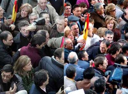 Dos momentos de la manifestación. Bono aparece a la derecha, y sujetando la bandera se ve a Isidoro Barrios y Antonia de la Cruz, militantes del PP.
 / EFE