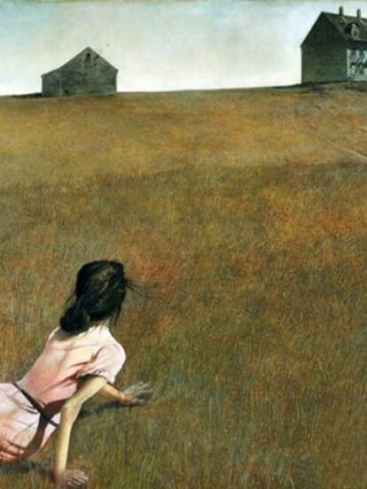 Un detalle del cuadro 'Christina’s World', de Andrew Wyeth, expuesto en el MoMA y portada de 'Matate, amor'.