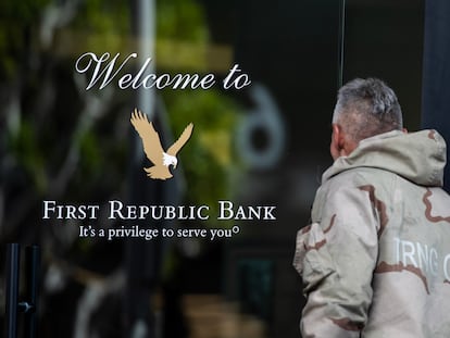 A pedestrian walks by a First Republic Bank ATM in Los Angeles, California, USA, 17 March 2023.