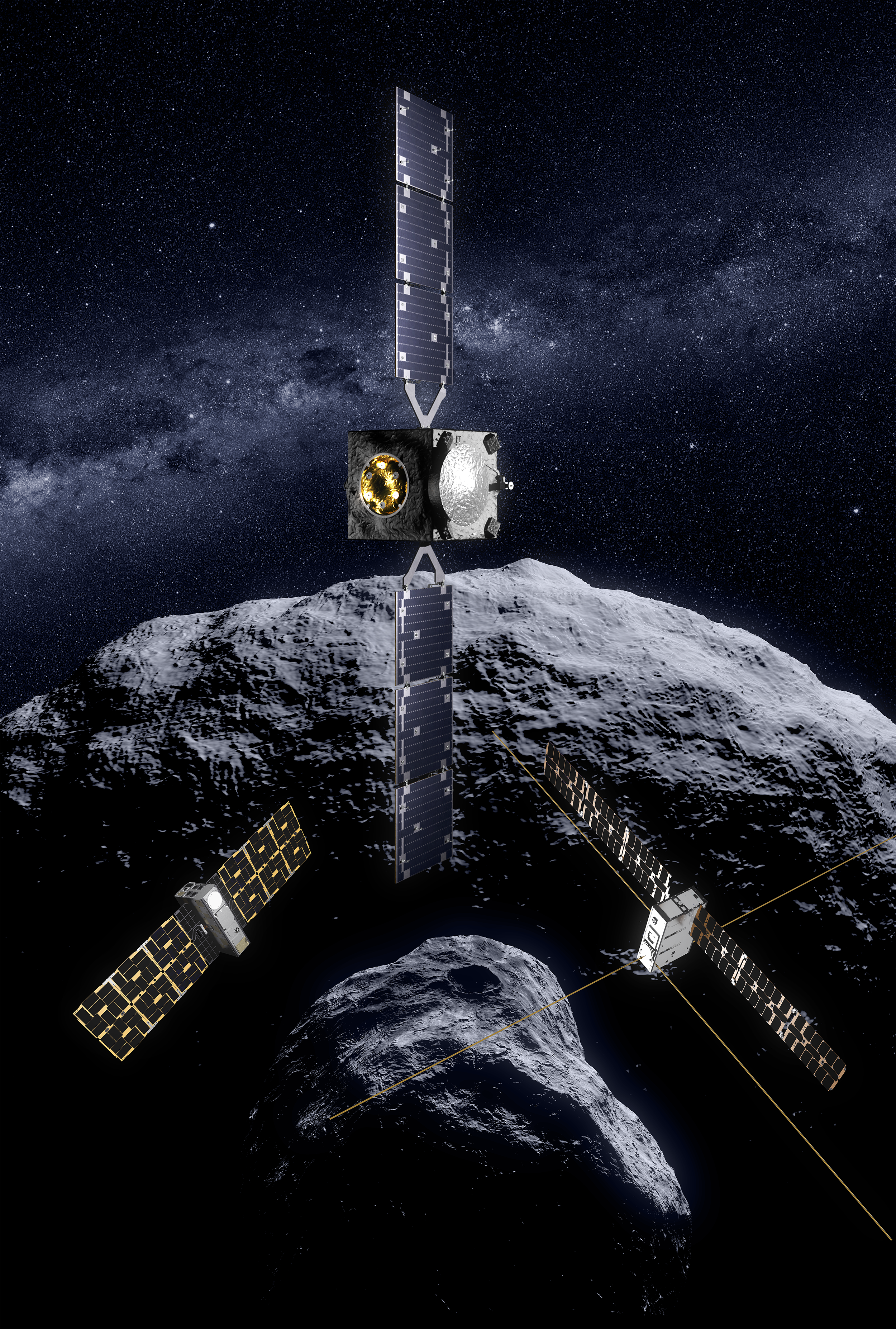 Reconstrucción digital de la sonda Hera y los satélites que la acompañarán con el sistema binario de los asteroides Didymos  y Dimorphos de fondo.