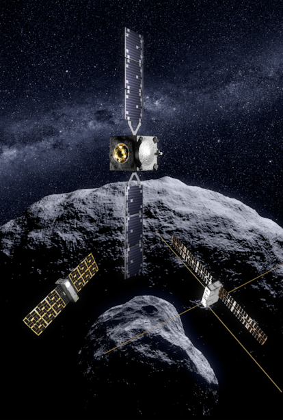 Reconstrucción digital de la sonda Hera y los satélites que la acompañarán con el sistema binario de los asteroides Didymos  y Dimorphos de fondo.