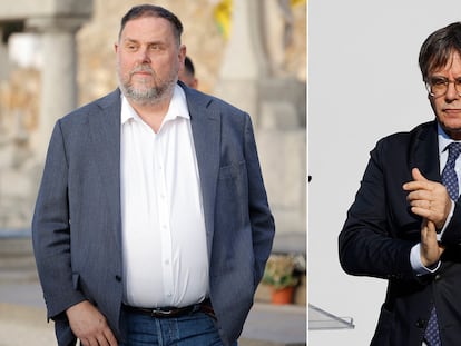 Oriol Junqueras, presidente de ERC (izquierda) y el líder de Junts, Carles Puigdemont.