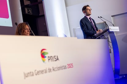 En la imagen, intervención de Joseph Oughourlian, presidente del Grupo Prisa, durante la junta de accionistas celebrada este miércoles.