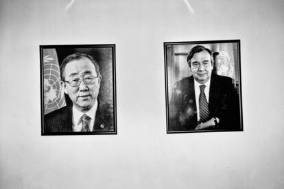 Retratos de Ban Ki-moon, secretario general de la ONU hasta diciembre de 2016, y de su sucesor, António Guterres (en 2015, alto comisionado para los Refugiados).