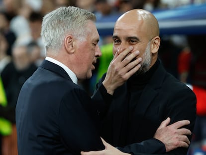 Pep Guardiola y Carlo Ancelotti en el partido de champions league manchester city vs real madrid