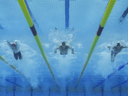 Dressel, en el centro, secundado por Benjamin Proud (izquierda) y Michael Andrew, derecha, durante la final de 50 mariposa.