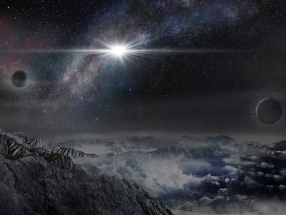 Reconstrucci&oacute;n de la supernova ASASSN15lh, vista desde un exoplaneta que estuviera a 10.000 a&ntilde;os luz de la estrella.